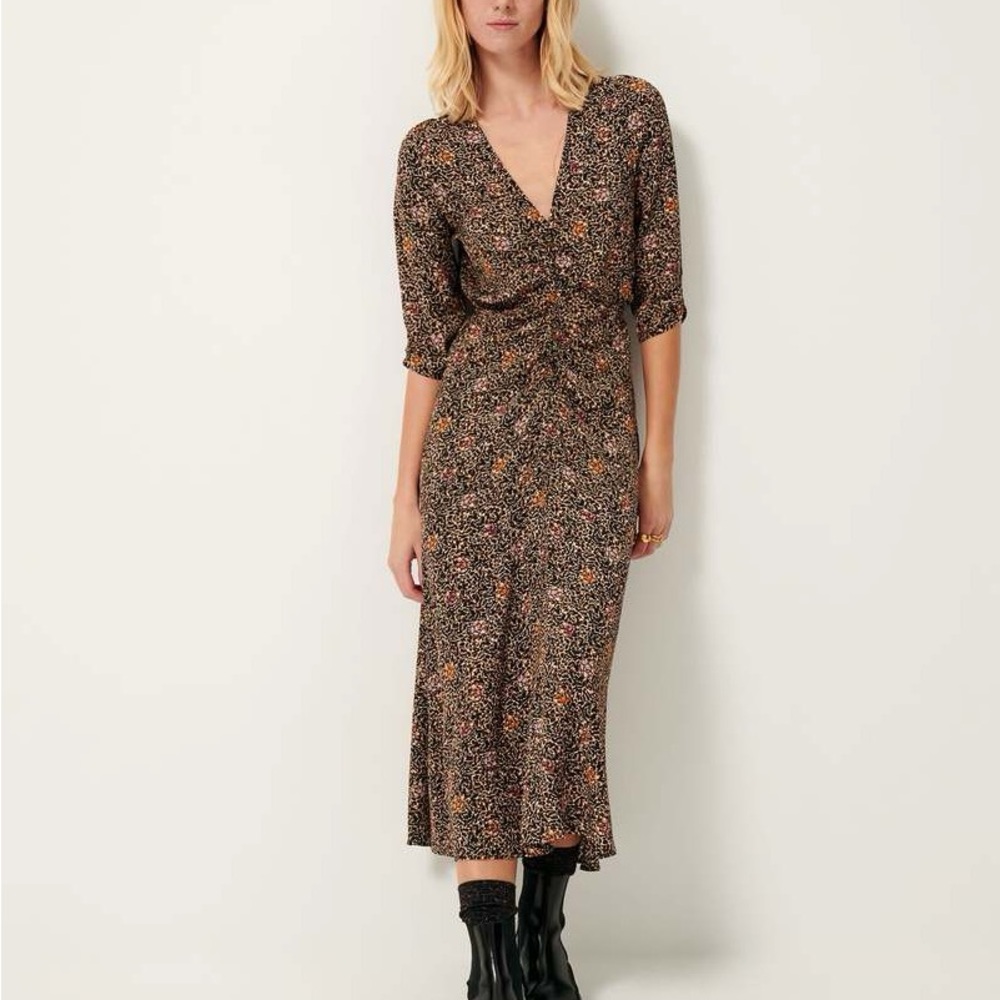 Floral Wrap Midi Dress - Black and Orange